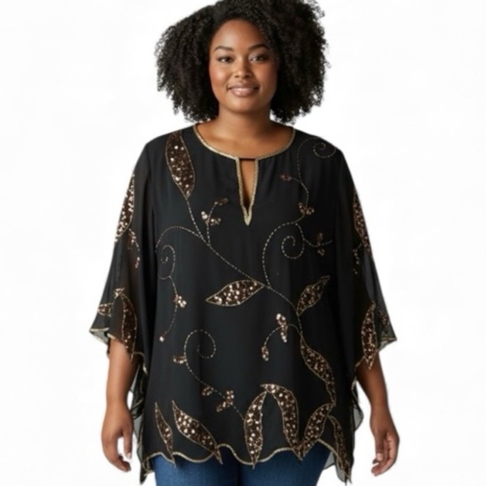 Original Anthony Beaded Sequin Tunic Blouse Gold Bronze Large